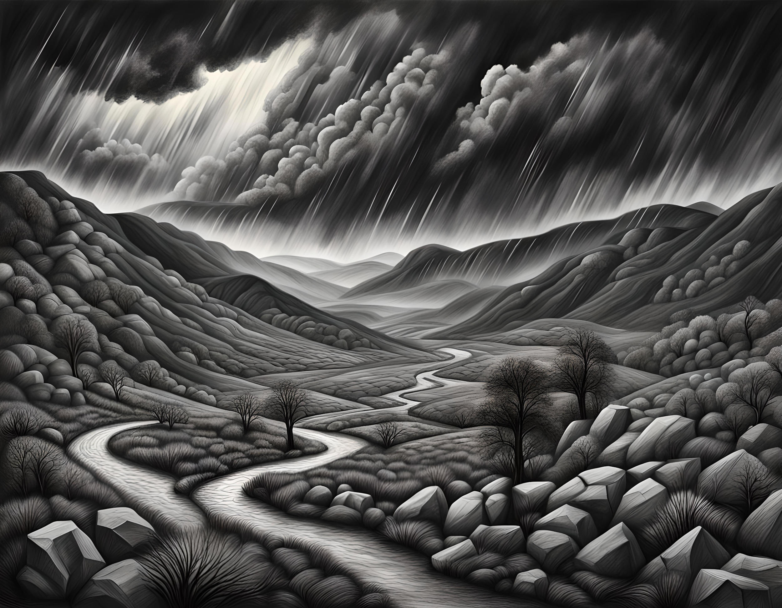 A fascinating and slightly gloomy scene of a valley with dark clouds above